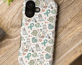 Funda resistente a impactos con estampado Cottagecore para concienciar sobre la disautonomía / cinta turquesa, salero, latido del corazón, iconos de presión arterial
