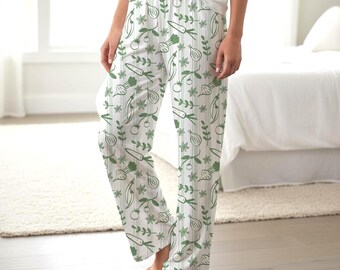 Green Veggie Doodles Women's Pajama Pants | All-Over Print, White Stripe Background