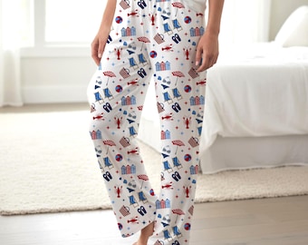 Patriotic Beach Print Women's Pajama Pants | Red White Blue Lobsters Beach Shacks