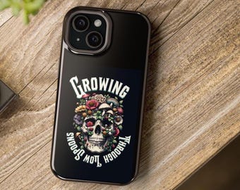 Funda para teléfono con diseño de calavera floral "Creciendo a través de cucharas" / Funda resistente a los impactos, regalo para personas con sobrepeso.