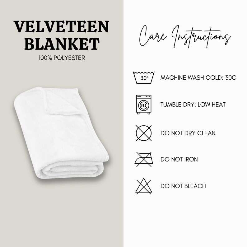 May include: A folded white velveeteen blanket made of 100% polyester. The image also includes care instructions: machine wash cold at 30C, tumble dry low heat, do not dry clean, do not iron, and do not bleach.