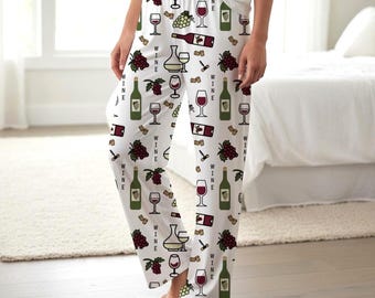 Wine Pattern Pajama Pants | All-Over Print Wine Glasses & Bottles