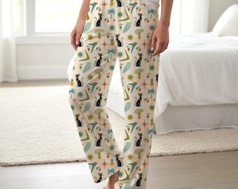 Black Atomic Cat Tropical Mid-Century Pajama Pants, Mid-Century Gift