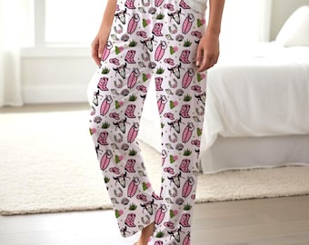 Coastal Cowgirl print Women's Pajama Pants | cactus, cow skulls, seashell surfboard