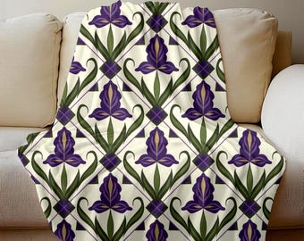 Iris Patterned Fleece Blanket for Cozy Nights, Purple Iris, Flower Garden Lover Gift