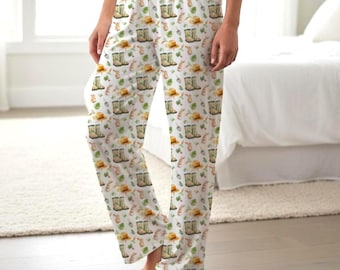 Watercolor Bunny Gardening Print Pajama Pants | Carrots, Radishes and Boots, Gardener Lover's Gift