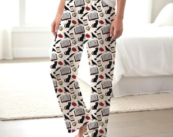Allen Edgar Poe Print Women's Pajama Pants, Poe's The Black Cat, Gothic, The Tell-Tale Heart