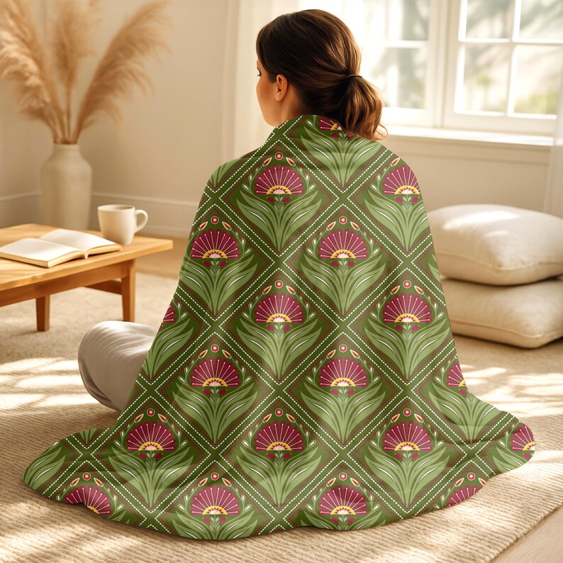 Olive Green Floral Throw Velveteen Plush Lightweight Blanket, Art Nouveau Throw image 5