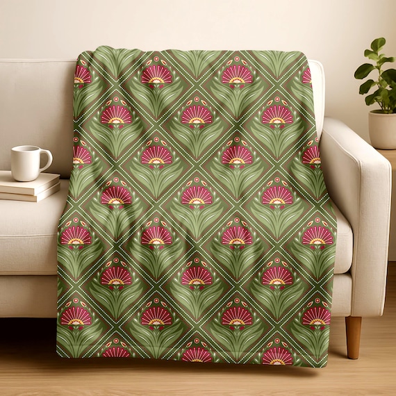 Olive Green Floral Throw Velveteen Plush Lightweight Blanket, Art Nouveau Throw