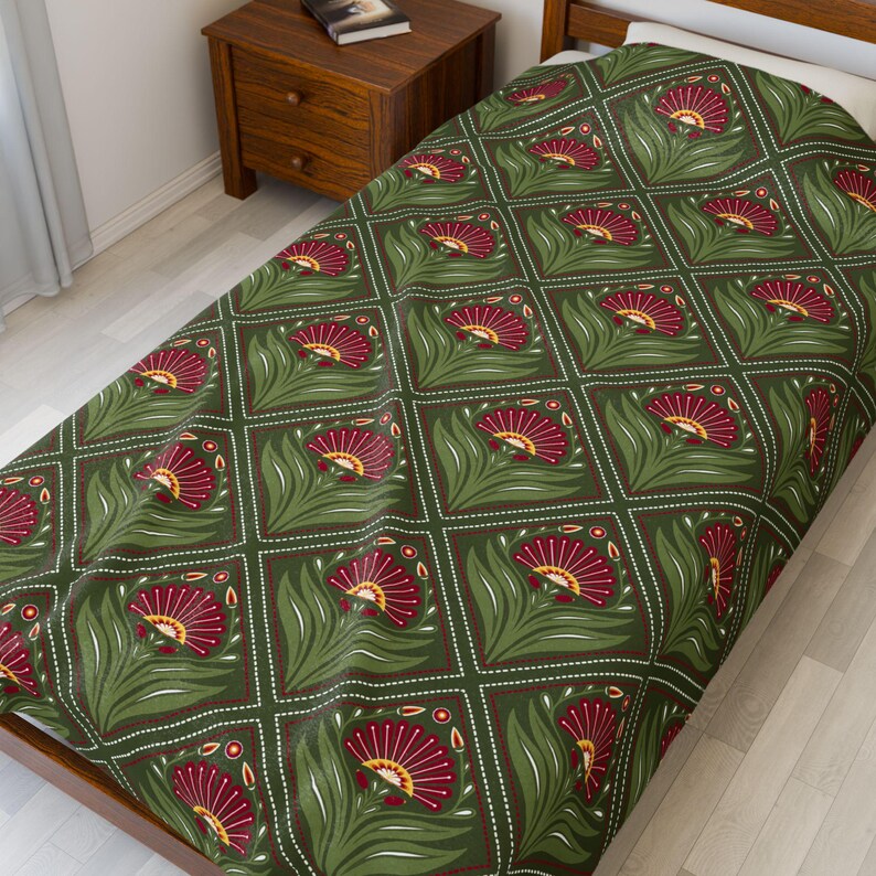 Olive Green Floral Throw Velveteen Plush Lightweight Blanket, Art Nouveau Throw image 2