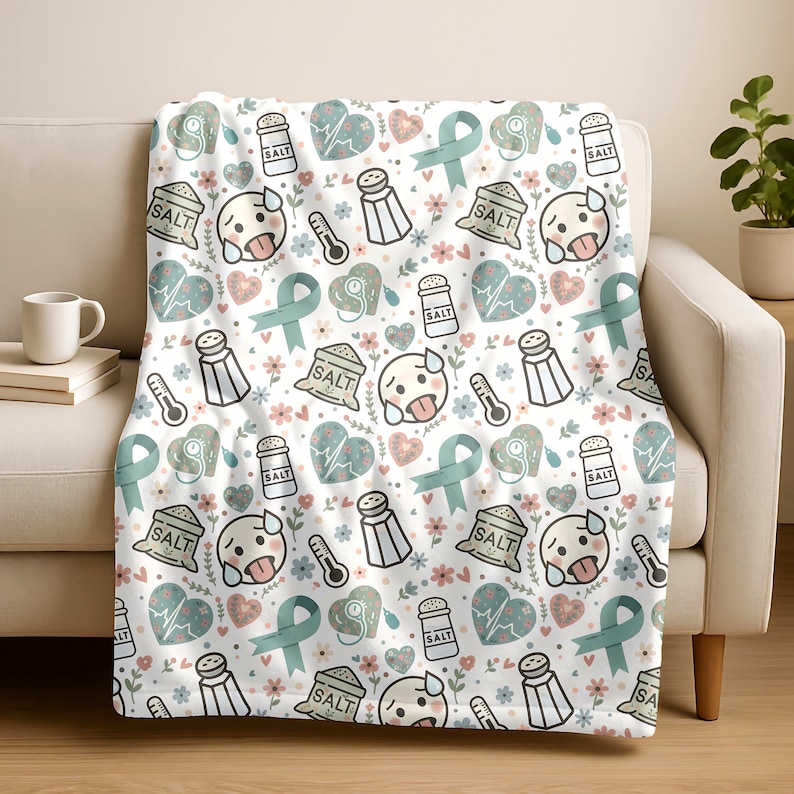 May include: White throw blanket with a repeating pattern of cartoon faces, salt shakers, thermometers, hearts, flowers, and teal ribbons. The word "SALT" is printed on some of the objects. The blanket is draped over a white sofa.