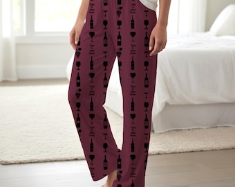 Wine Bottle and Glass Pattern Pajama Pants | Burgundy Lounge Sleepwear