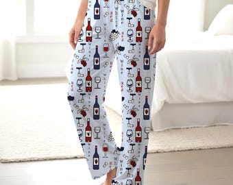 Pantalones de pijama para mujer con estampado rojo, blanco y vino / Estampado de botella y copa de vino