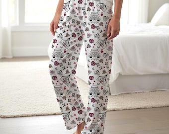 Just Married Pattern Women's Pajama Pants | Wedding Chapel, Rings, Lovebirds and Hearts