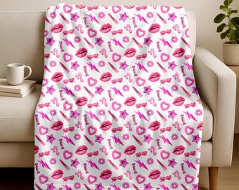Y2K Pink Glam Lips Balloons Lightweight Velveteen Blanket | 80's Glam