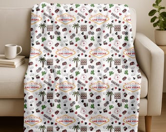 Las Vegas Icons Velveteen Plush Lightweight Blanket | Casino Sign, Dice, Cards Pattern