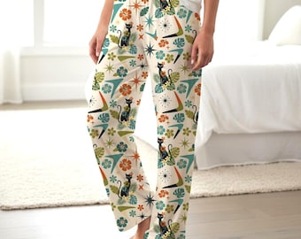 Mid-Century Cat Pattern Pajama Pants | Retro Floral AOP