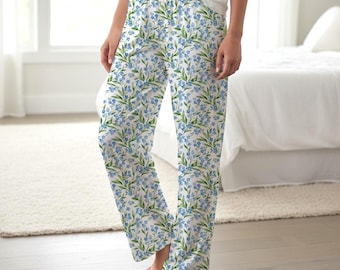 Forget-Me-Not Floral Pattern Women's Pajama Pants | Blue Botanical Lounge Bottoms