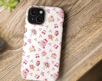 Estuche resistente a impactos con estampado de acuarela para cumpleaños de 16 años / Pastel rosa con cerezas y lazos