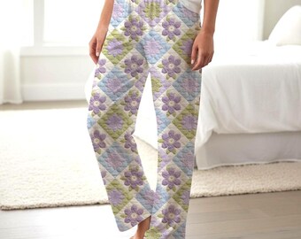 Faux- Quilted Floral Lavender Pajama Pants | Grandmillennial AOP