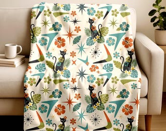 Manta de felpa de terciopelo con estampado de gato negro estilo retro tropical / Manta de gato de mediados de siglo