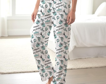 Tiffany Inspired Happy Birthday Pattern Women's Pajama Pants, Cake Balloons Presents Party Hats, Birthday Gift