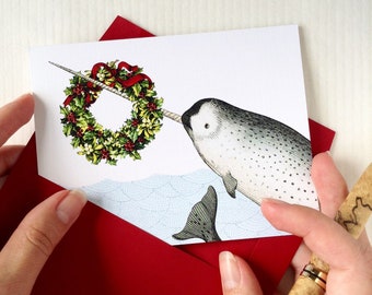 Narwhal Christmas Cards, Beach Christmas Cards, Nautical Holiday Cards, Made in the USA - Set of 10