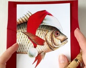Coastal Christmas Cards, Santa Hat Fish Cards, Merry Fishmas Holiday Cards, Made in the USA - Set of 10