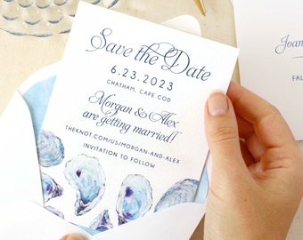 Oyster Watercolor Save the Date with Photo Back - designed and printed in the USA