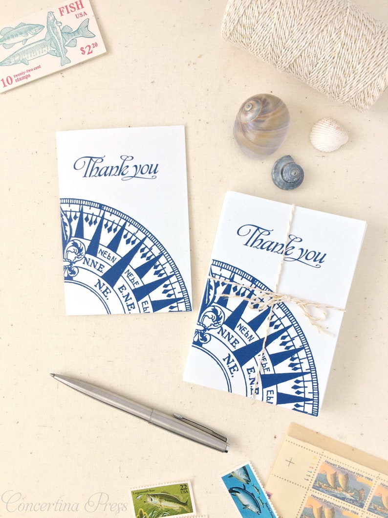 Nautical Compass Thank You Cards Nautical Thank You Notes Set of 10 Thank you cards with Envelopes Made in the USA Recycled Paper image 2