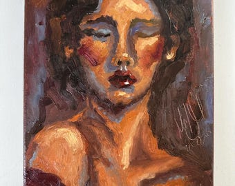May include: An oil painting on canvas depicting a portrait of a person with closed eyes. The artwork features thick, visible brushstrokes in shades of deep burgundy, warm orange, golden yellow, and muted blue, with a signature in the corner.