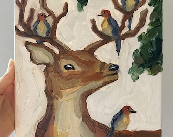 Pintura al óleo de cola de ciervo con pájaros: obra de arte original de animales salvajes