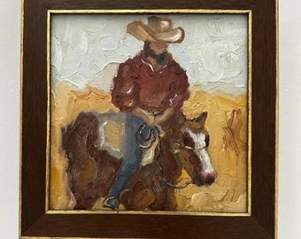 Cowboy Western Oil Painting: Horse Original Artwork Ranch Semi Abstract Fine Art