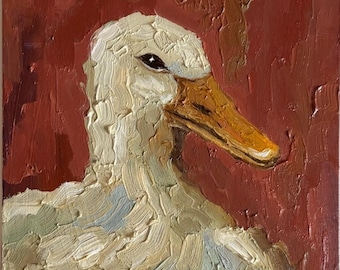 カラフルなアヒルの絵画 ガチョウの絵画 アヒル オリジナルアート 農場の動物の油絵 ペット