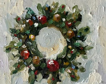 クリスマスキャンドルの油絵：赤いベリーと松のリース、8x8 印象派