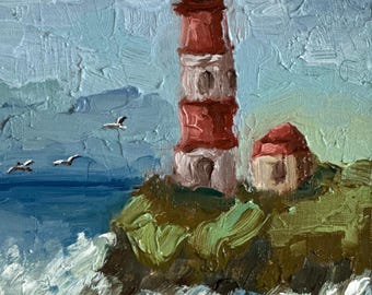 Lighthouse Oil Painting: Original Impasto Seascape Wall Decor
