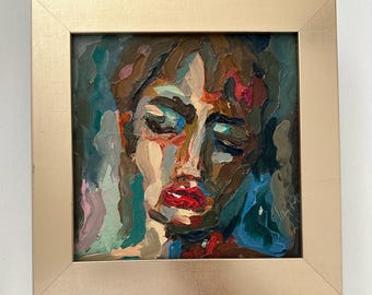Pintura a óleo abstrata de rosto feminino: Retrato em técnica impasto