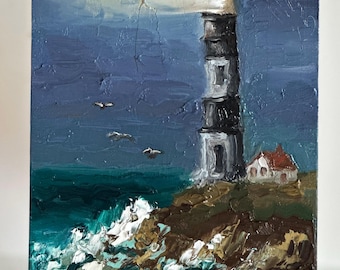 Lighthouse Oil Painting: Original Impasto Seascape Wall Decor