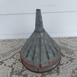 Vintage galvanized metal red stripe funnel Rustic farm tractor  lamp shade planter industrial farmhouse decor hit & miss barn steampunk #4