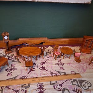 12 piece vintage wooden doll house furniture dining kitchen table chairs x6 grandfather clock vanity rocking chair drawers doors work!