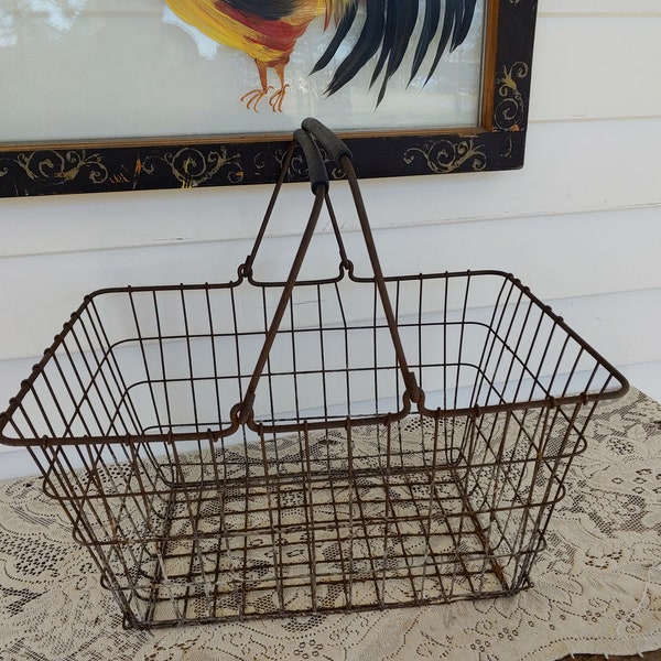 Rusty wire tote shopping basket with rubber handles large farmhouse decor