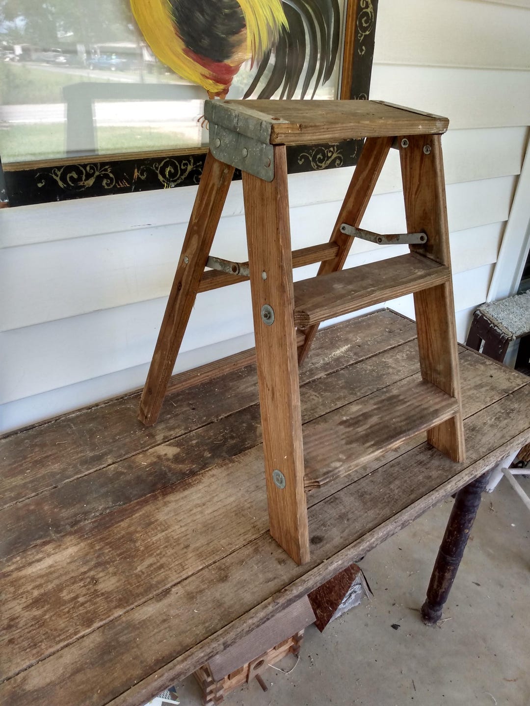Vintage Rustic Shabby Wood Wooden 20" Step Ladder Stool Farmhouse Decor ...