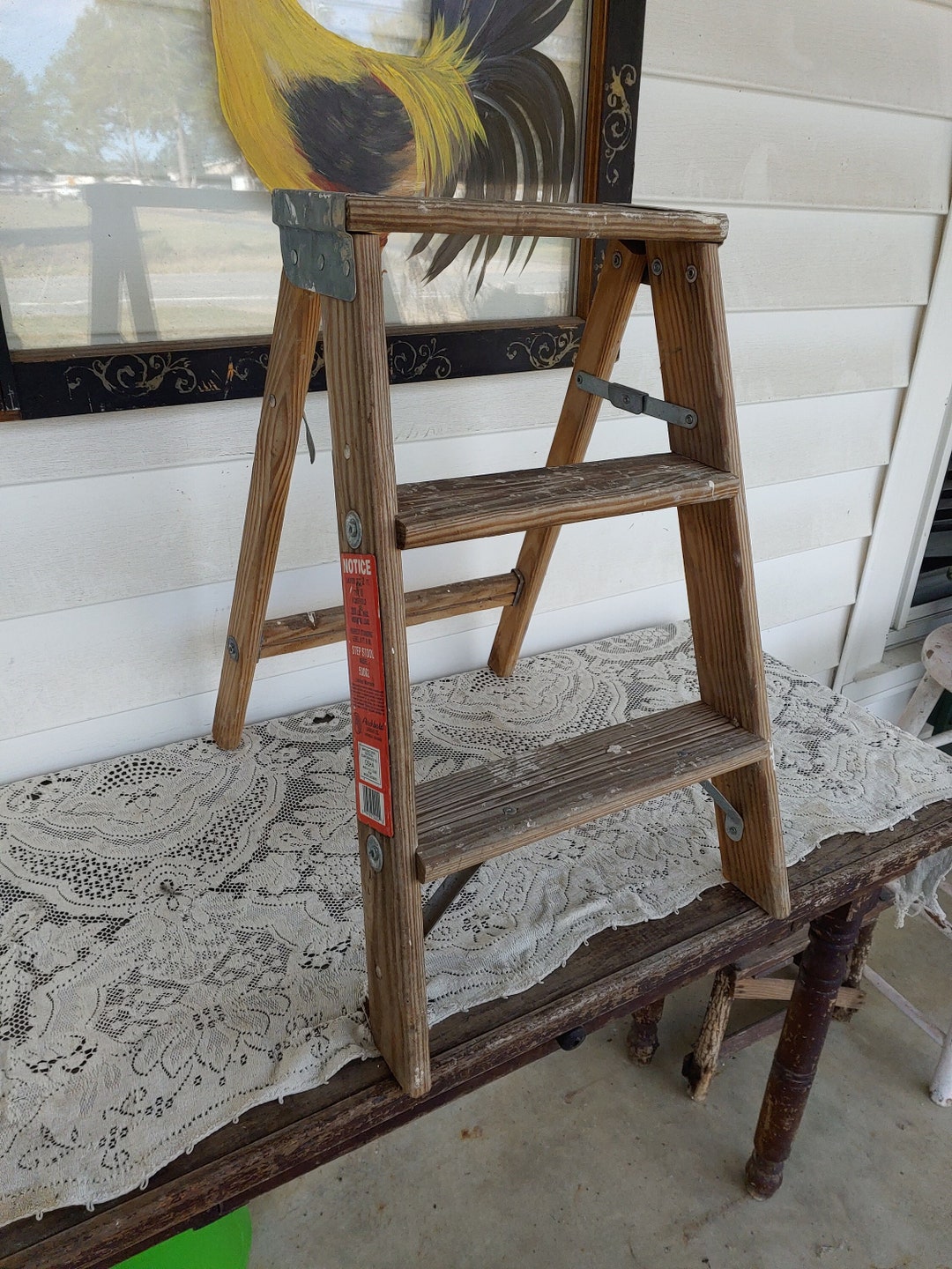 Vintage Rustic Shabby Wood Wooden 22 Step Ladder Stool Farmhouse Decor ...