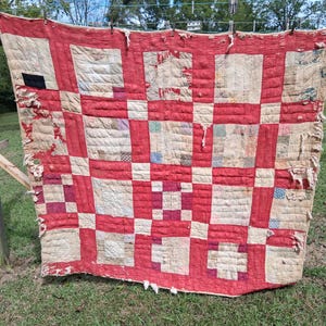 Antique Cutter Quilt purse Jacket  christmas stocking calico squares turkey red handstitched Patchwork 66 x 72 repurpose salvage shabby 2