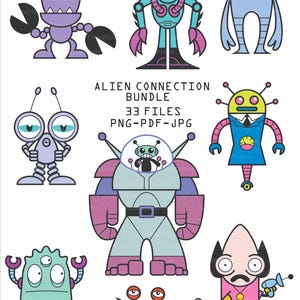 May include: A collection of colorful cartoon alien illustrations. The image includes various alien designs in shades of purple, blue, green, and red. Text in the image reads "ALIEN CONNECTION BUNDLE 33 FILES PNG-PDF-JPG".