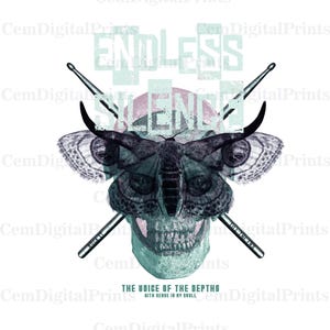 May include: A digital art print featuring a teal skull with a moth overlay and crossed drumsticks. The text "ENDLESS SILENCE" is above the skull, and "THE VOICE OF THE DEPTHS" is below.