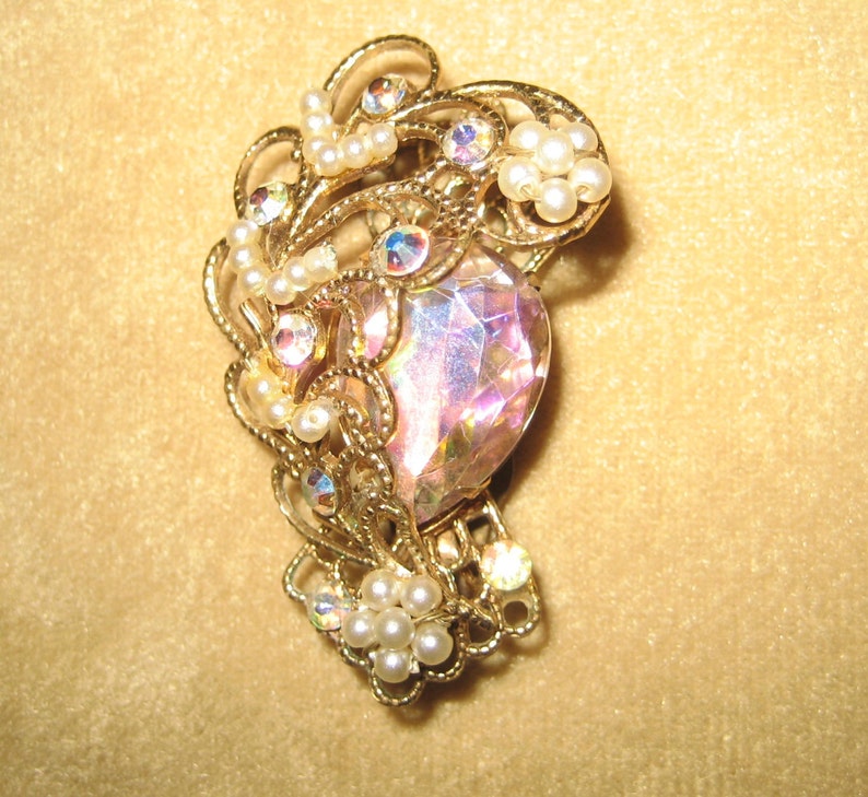 Vintage Hand Wired Pearl and Aurora Borealis Rhinestone Filigree Earrings