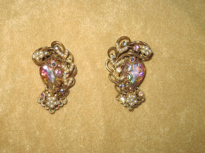 Vintage Hand Wired Pearl and Aurora Borealis Rhinestone Filigree Earrings