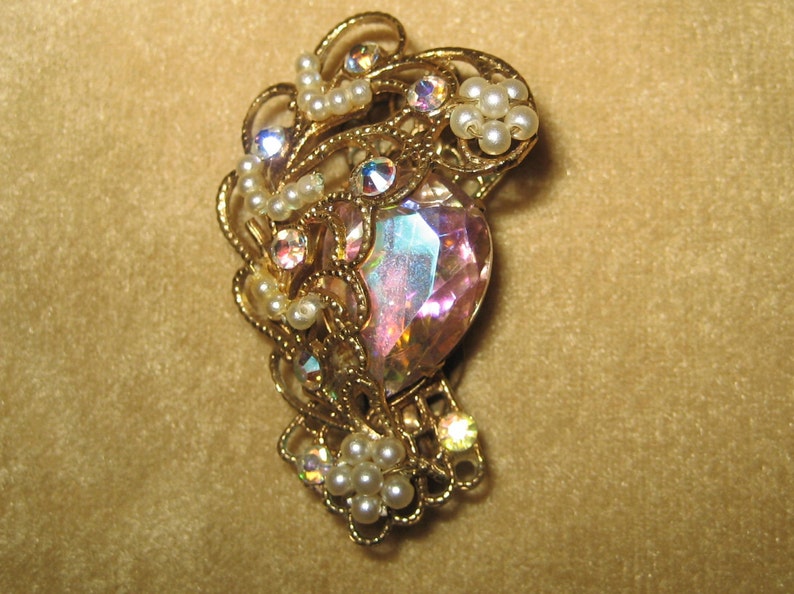 Vintage Hand Wired Pearl and Aurora Borealis Rhinestone Filigree Earrings