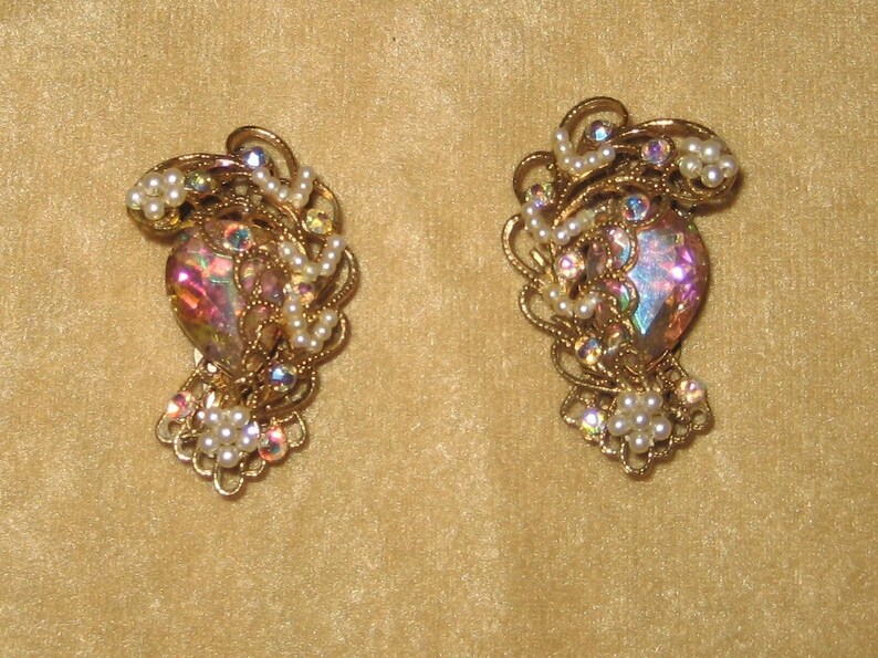 Vintage Hand Wired Pearl and Aurora Borealis Rhinestone Filigree Earrings